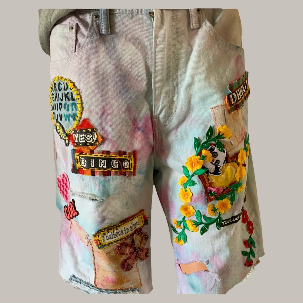 IT AIN’T BEIGE- Distressed and dyed cut-off shorts with patches